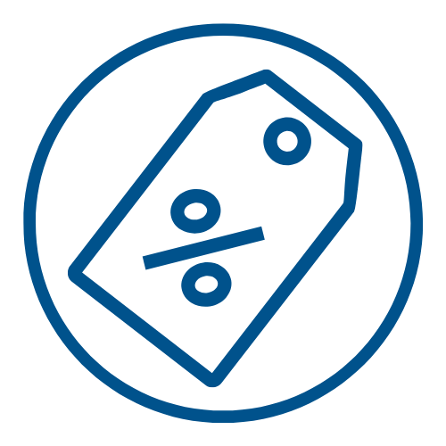 Round blue icon showing price tag and percentage sign