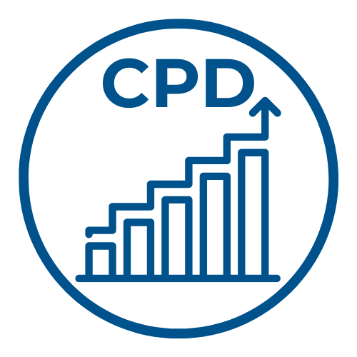 Round blue icon showing a bar chart and the word CPD