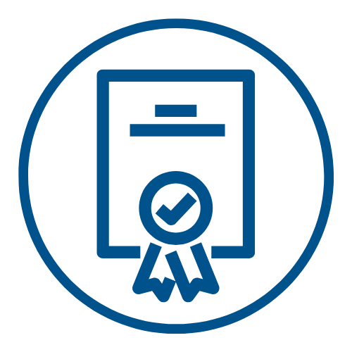 Round blue icon showing certificate and rosette