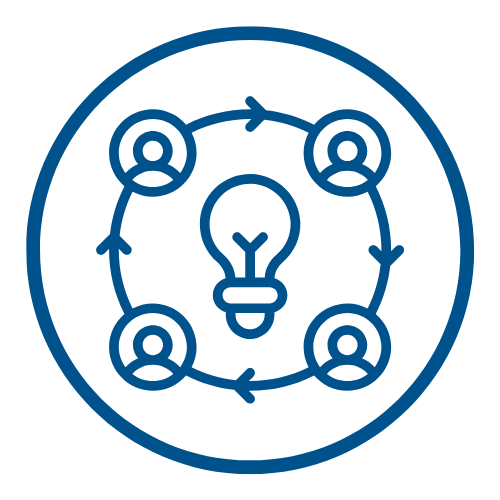 Round blue icon showing people linked in a web around a lightbulb