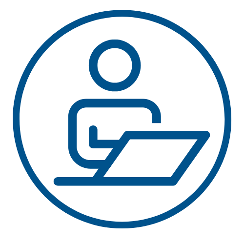 Blue line icon of person sat at laptop