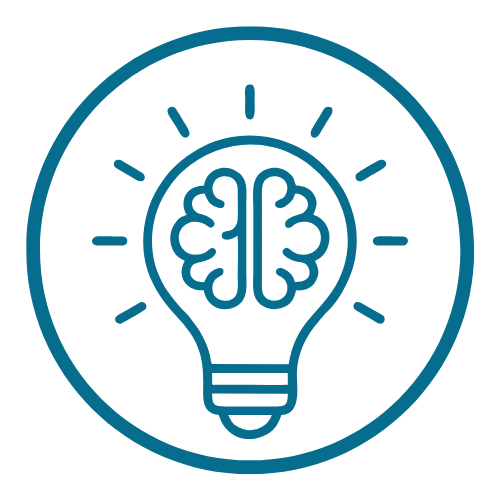 Round teal icon showing light bulb with brain inside