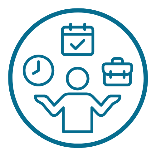 Round teal icon showing person juggling clock, briefcase and calendar