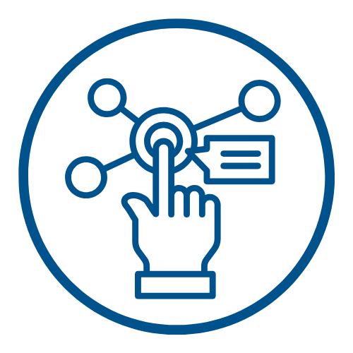 Round blue icon showing finger pressing button with linked buttons and speech bubble