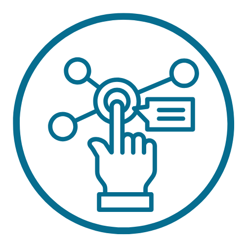 Round teal icon showing finger on button with linked buttons and speech bubble