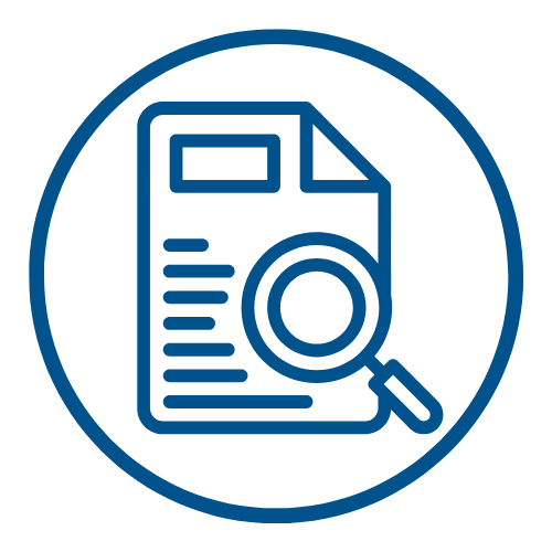 Round blue icon showing document and magnifying glass