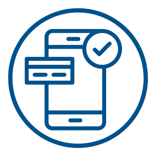 Round blue icon showing mobile phone and a tick
