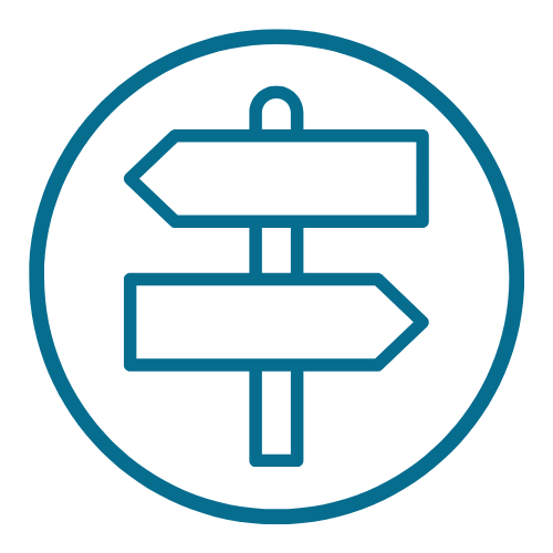 Round blue icon showing signposts