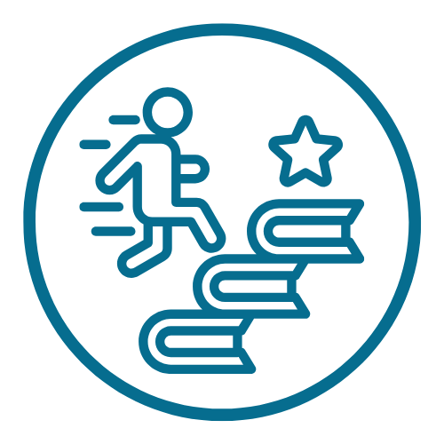 Round teal icon showing person climbing steps with star at top