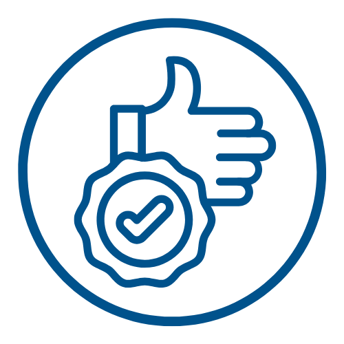 Round blue icon showing thumbs up and tick mark