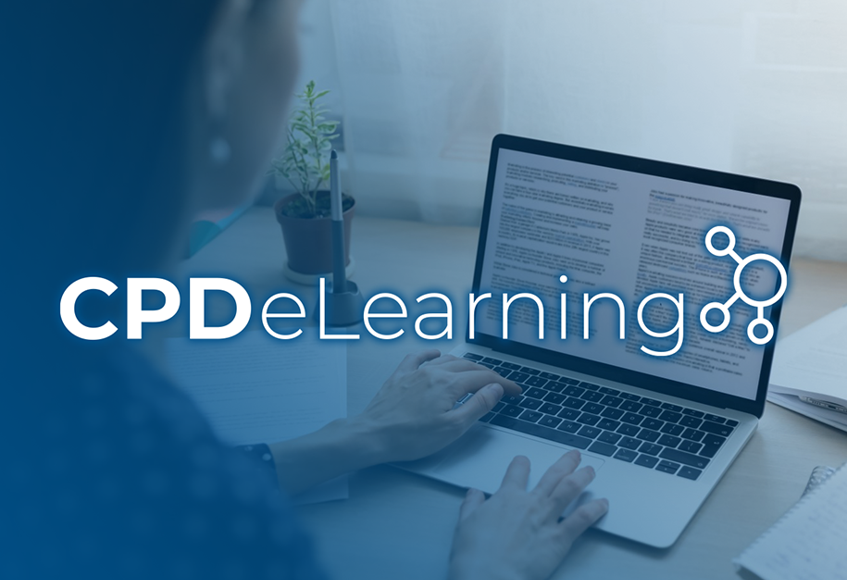 News reel image - CPD eLearning Woman at laptop with blue overlay